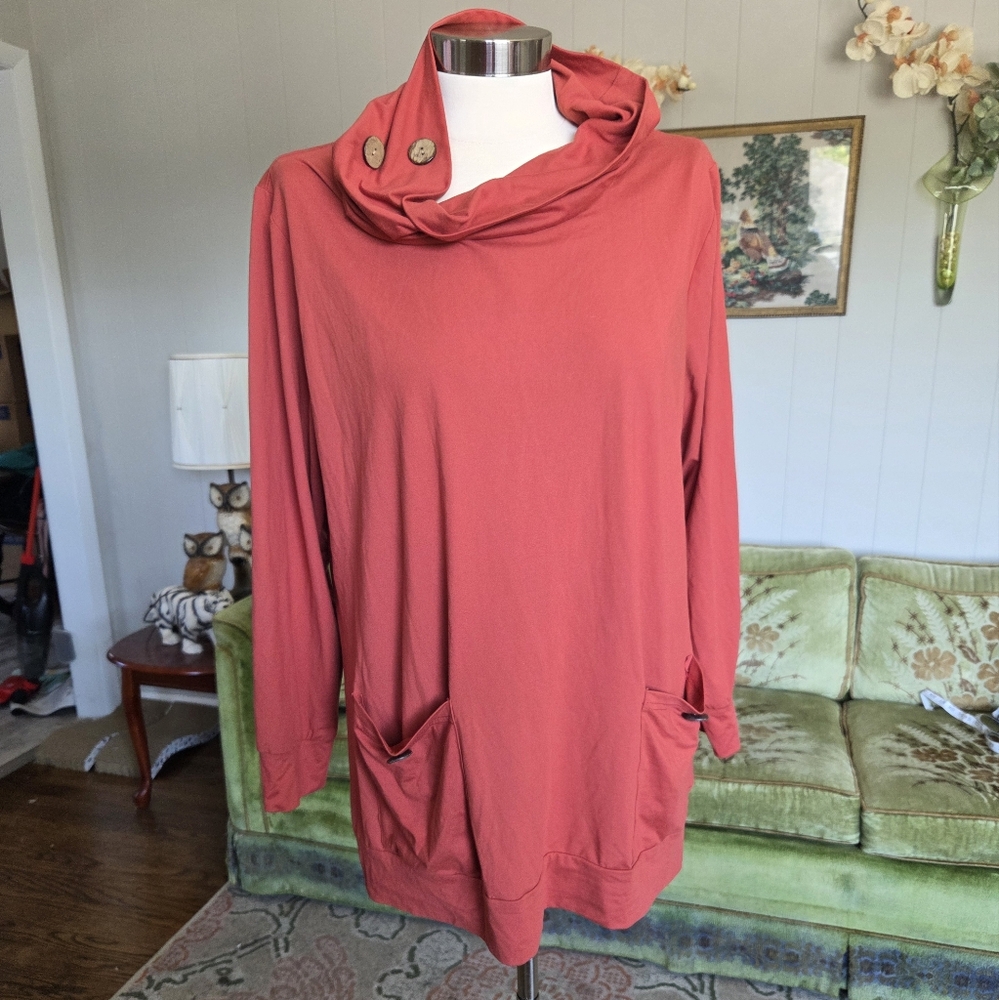 Coral Cowl Neck Tunic with Button Accents